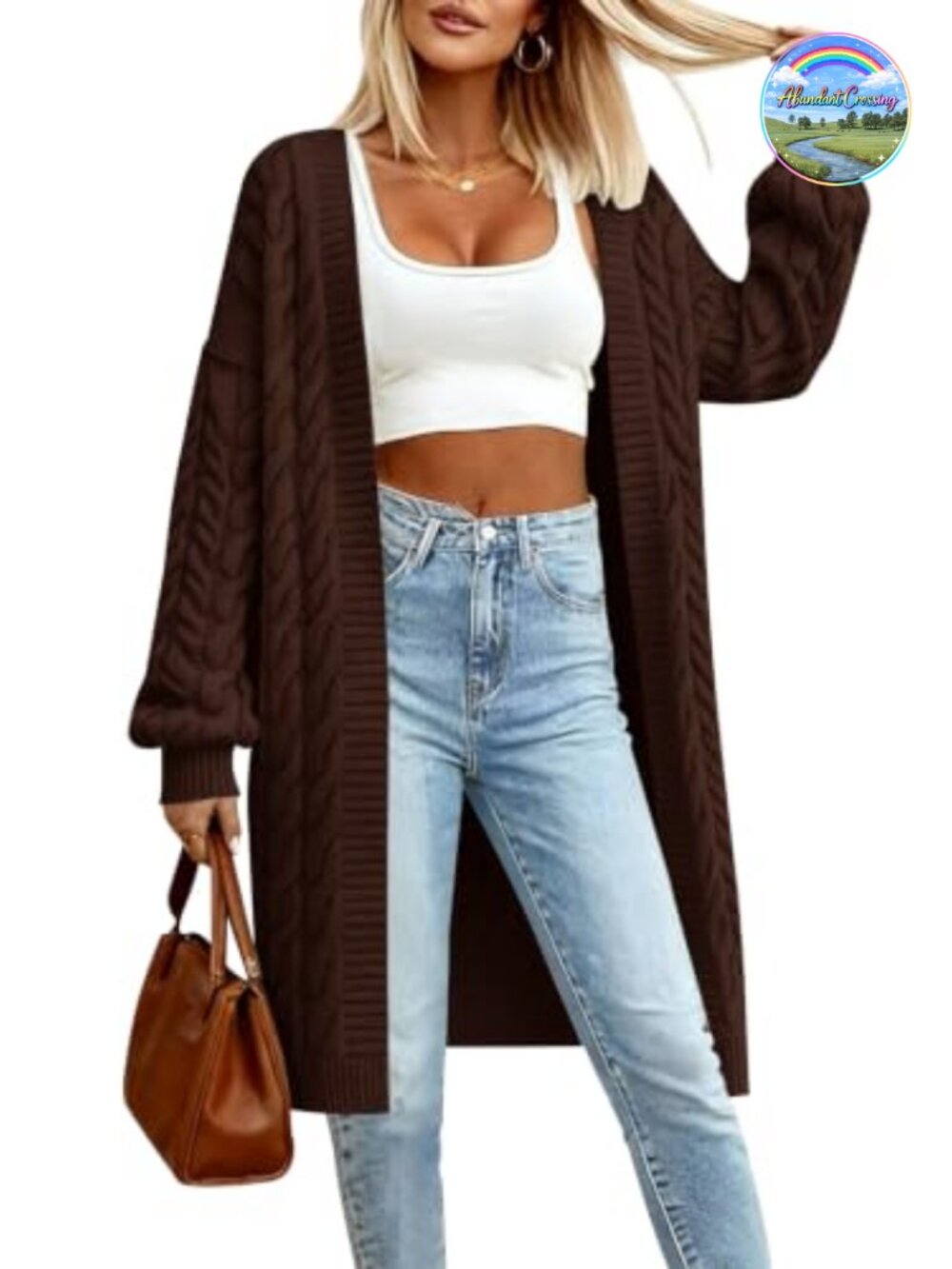 Open Front Chunky Cable Knit Cardigan Sweater Long Sleeve with Pockets